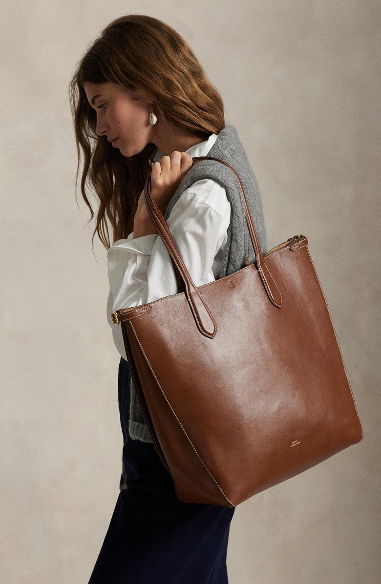 Polo Ralph Lauren Calfskin Leather Tote Bag, Alternate, color, Brown