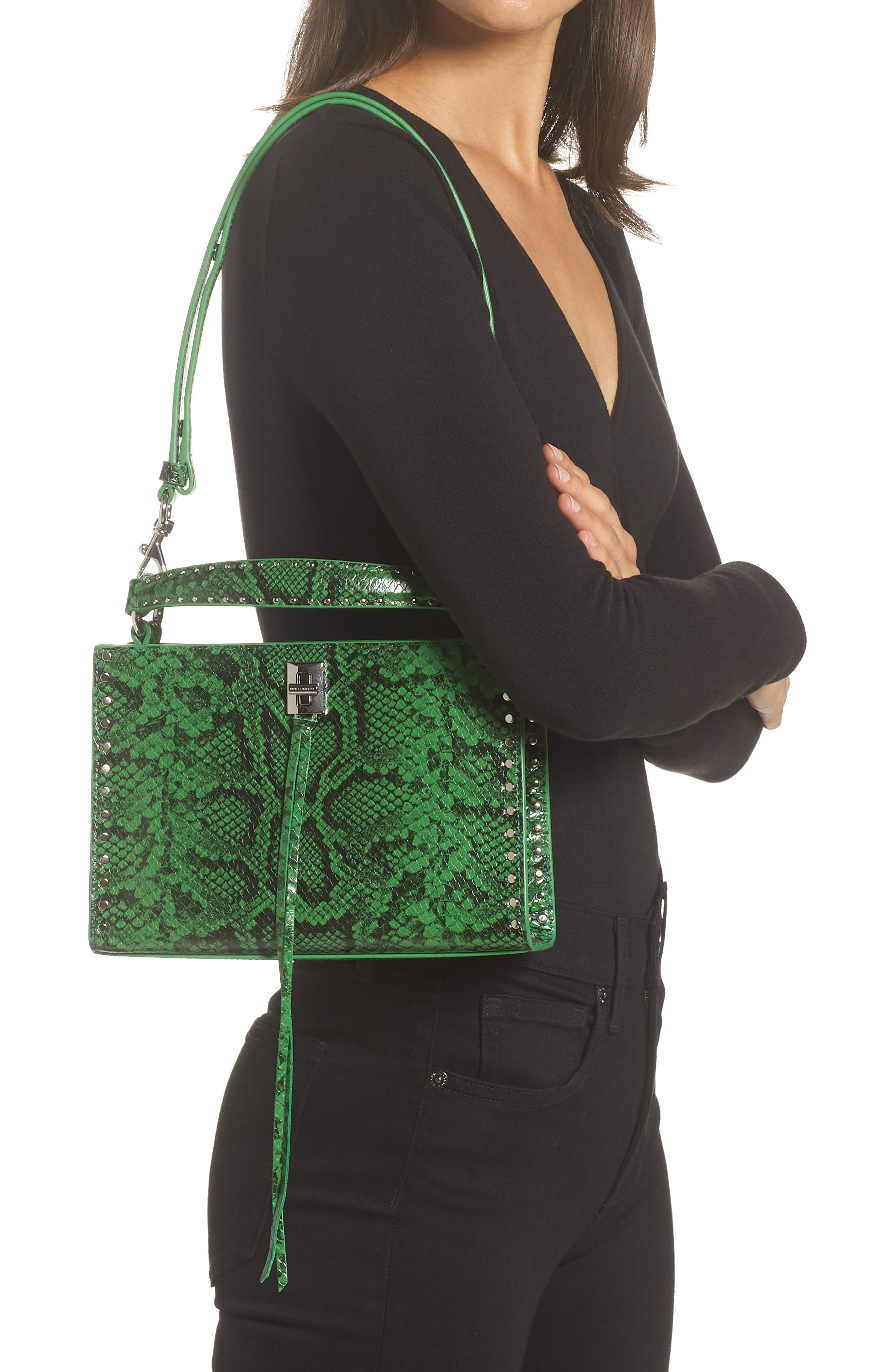 Rebecca Minkoff Darren Small Zip Top Handle Snake Embossed Leather Satchel, Alternate, color, 