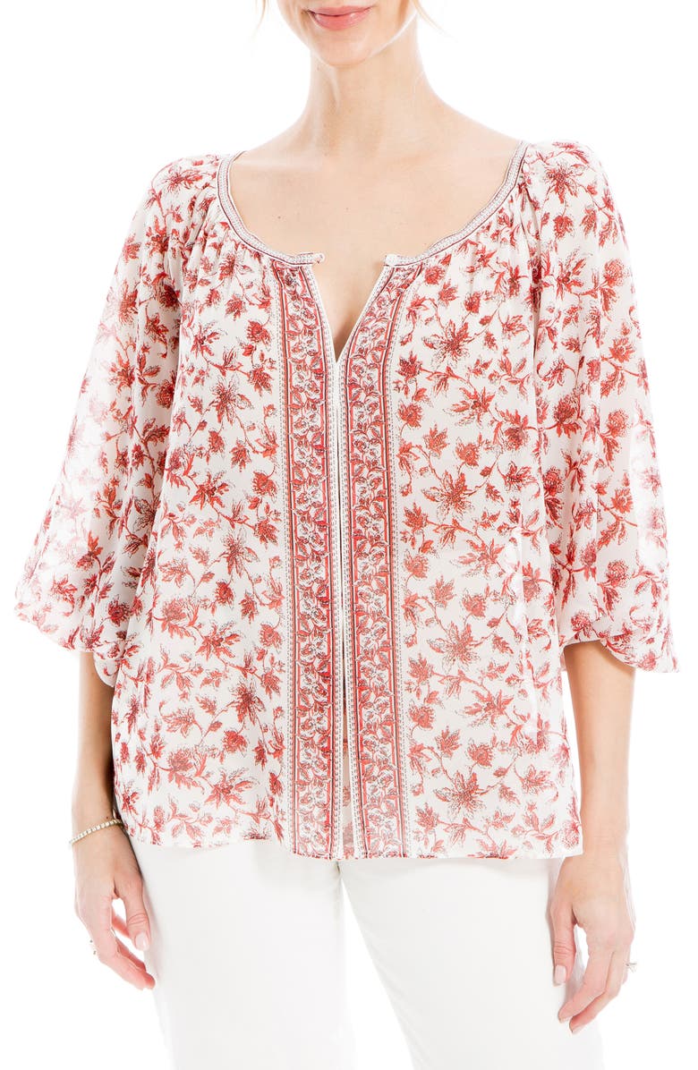 MAX STUDIO V-Neck Long Sleeve Georgette Top, Main, color, Red Chintzy Rambler