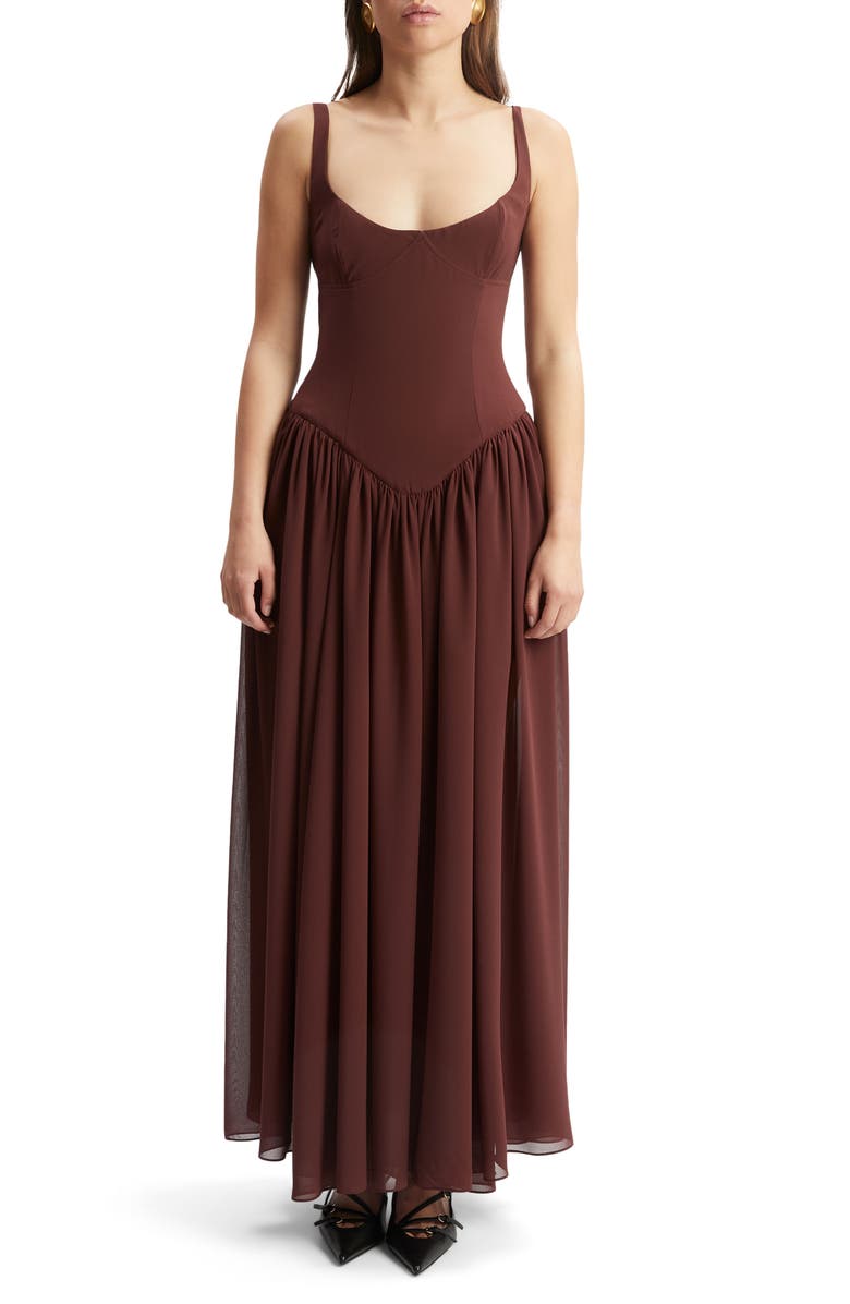 Bardot Briann Corset Bodice Maxi Dress, Main, color, Chocolate
