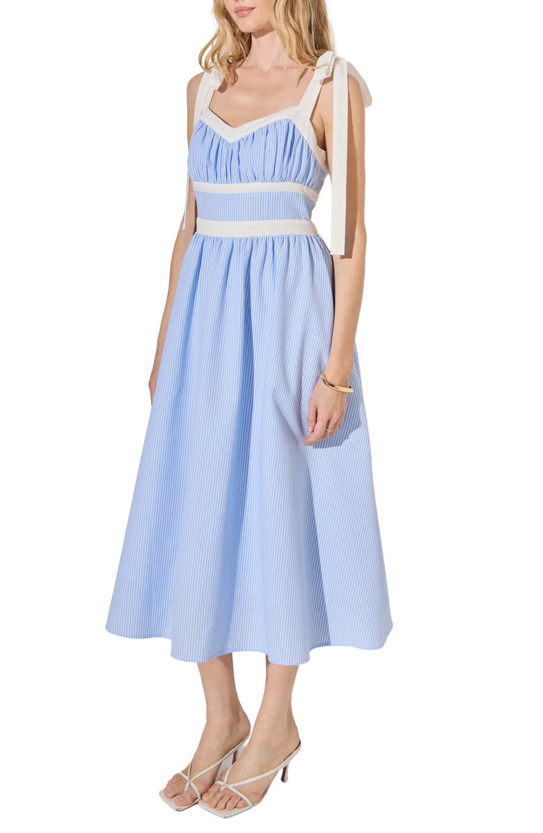 English Factory Stripe Tie Shoulder Seersucker Midi Dress, Alternate, color, Powder Blue