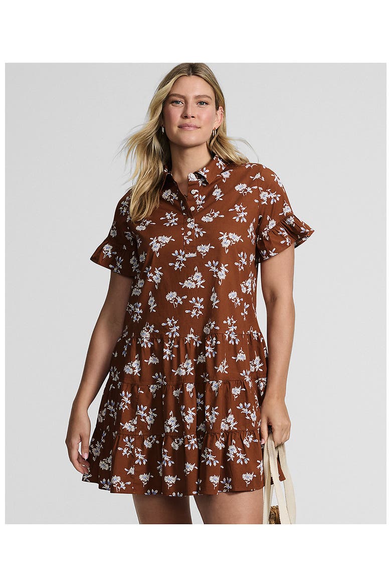 Poplin Flutter Sleeve Knee Length Popover Dress, Alternate, color, Rich Ginger Brown Floral