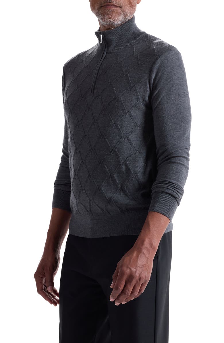 Bugatchi Merino Wool & Silk Diamond Quarter Zip Sweater, Alternate, color, Heather Grey