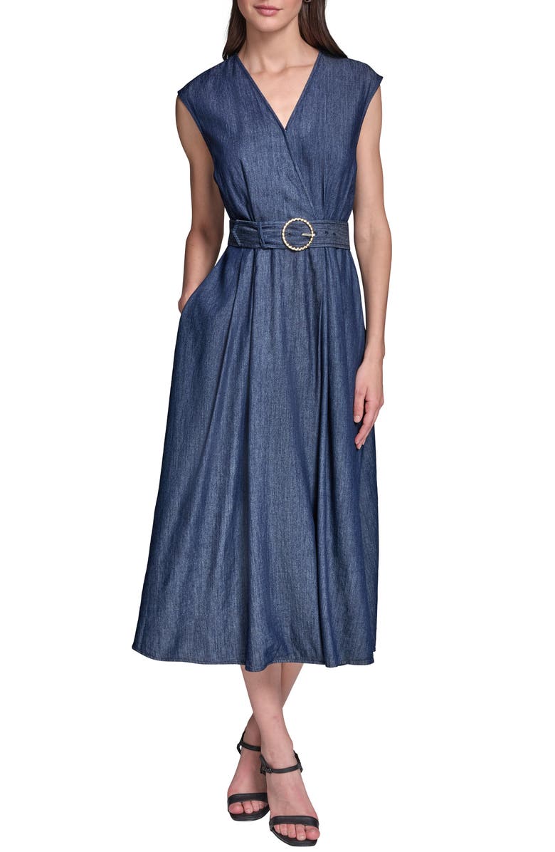 KARL LAGERFELD PARIS Denim Chambray Midi Dress, Main, color, Indigo