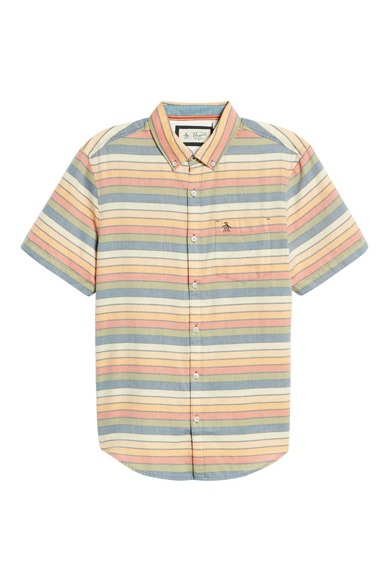 Stripe Short Sleeve Cotton Button-Down Shirt, Alternate, color, DARK SAPPHIRE