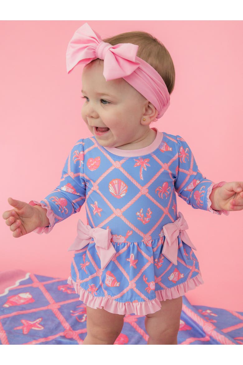 UPF50+ Long Sleeve One Piece Bow Peplum Rash Guard Swimsuit, Alternate, color, Tropical Trellis