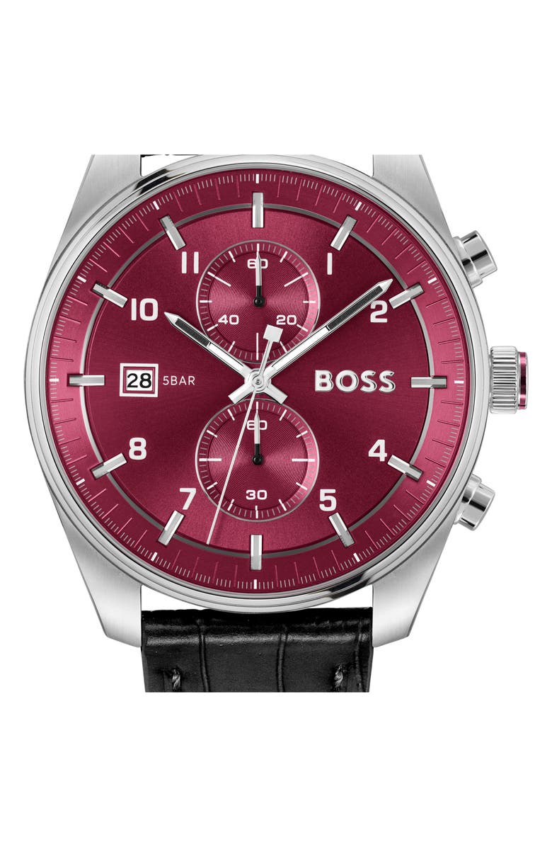 BOSS Skytraveller Chronograph Croc Embossed Leather Strap Watch, 44mm, Alternate, color, Red Dial