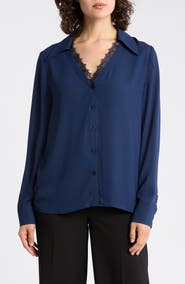 Gemma + Jane V-Neck Lace Trim Button-Up Shirt