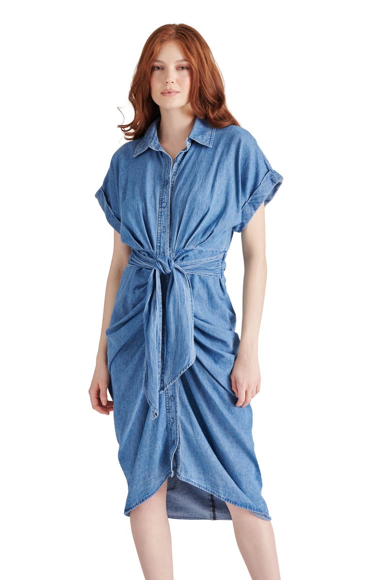 Steve Madden Tori Tie Waist Denim Midi Shirtdress, Alternate, color, Chambray Blue