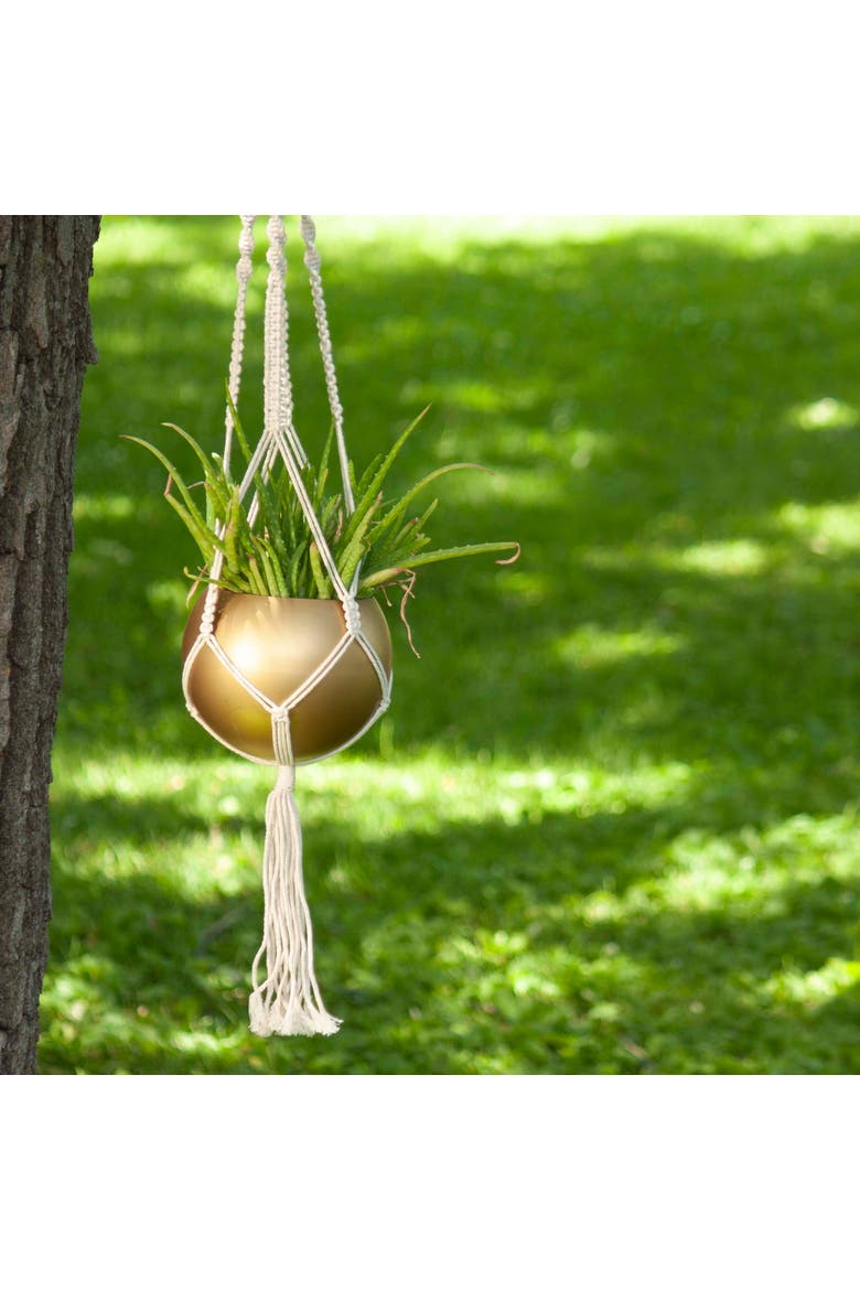Macrame Hanging Planter with Gold Metal Planter Round Pot, Alternate, color, Gold
