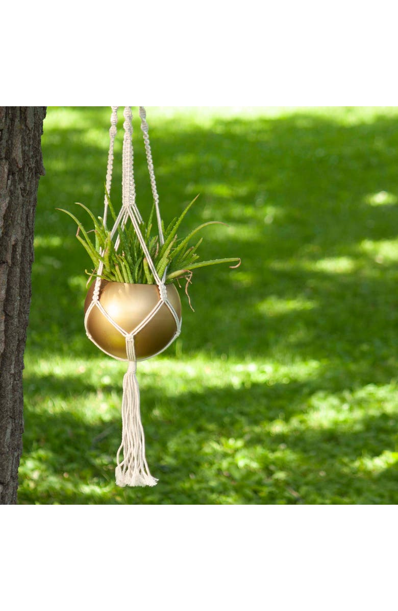 Foreside Home and Garden Macrame Hanging Planter with Gold Metal Planter Round Pot, Alternate, color, Gold