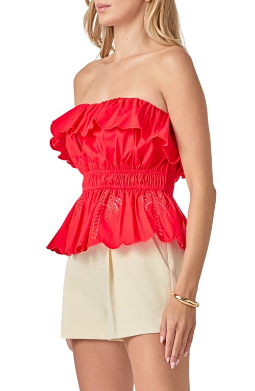 English Factory Embroidered Ruffle Strapless Top In Red