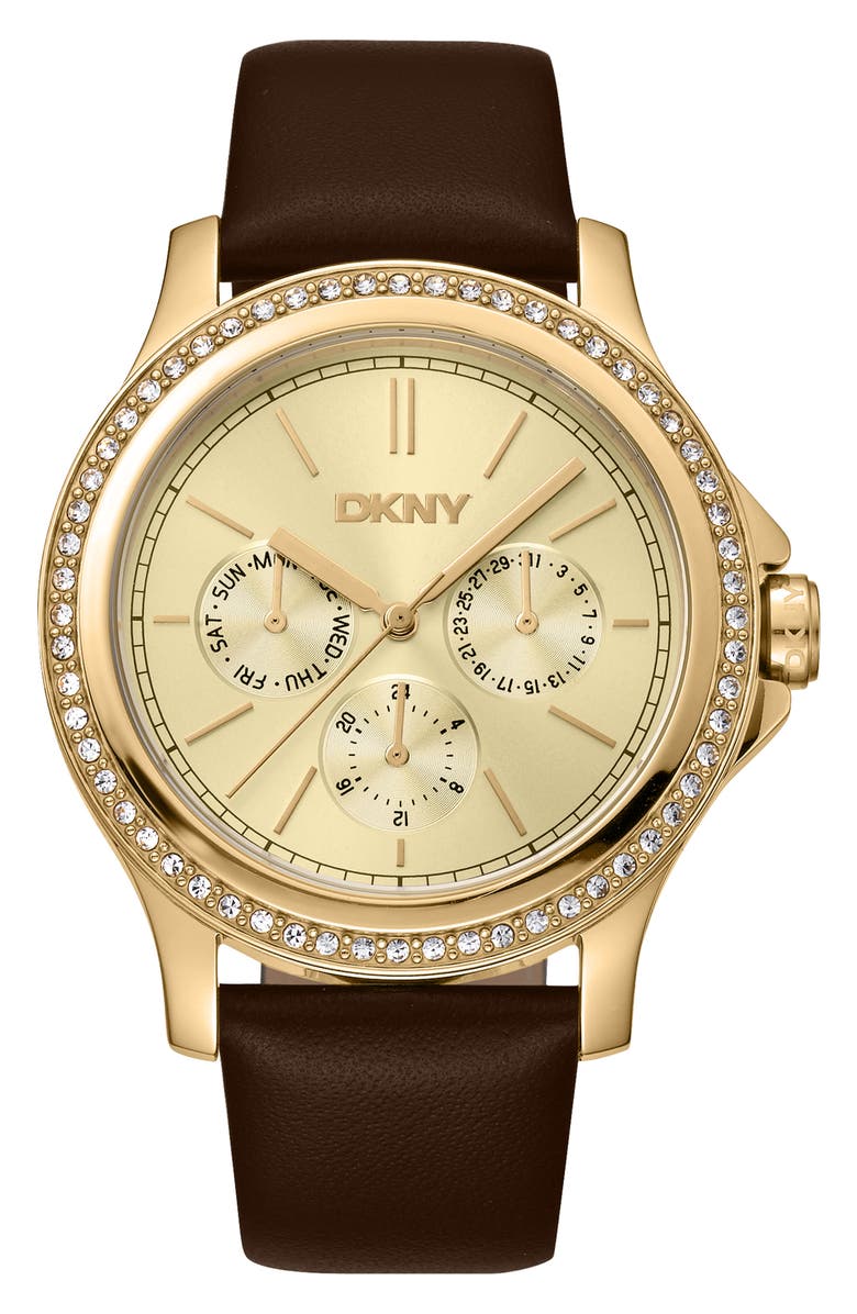 DKNY 316L Leather Strap Watch, Main, color, Black