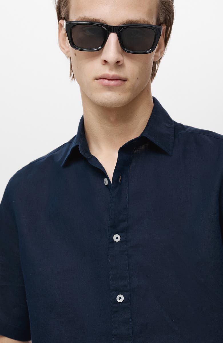 MANGO Regular Fit Linen Blend Button-Up Shirt, Alternate, color, Dark Navy