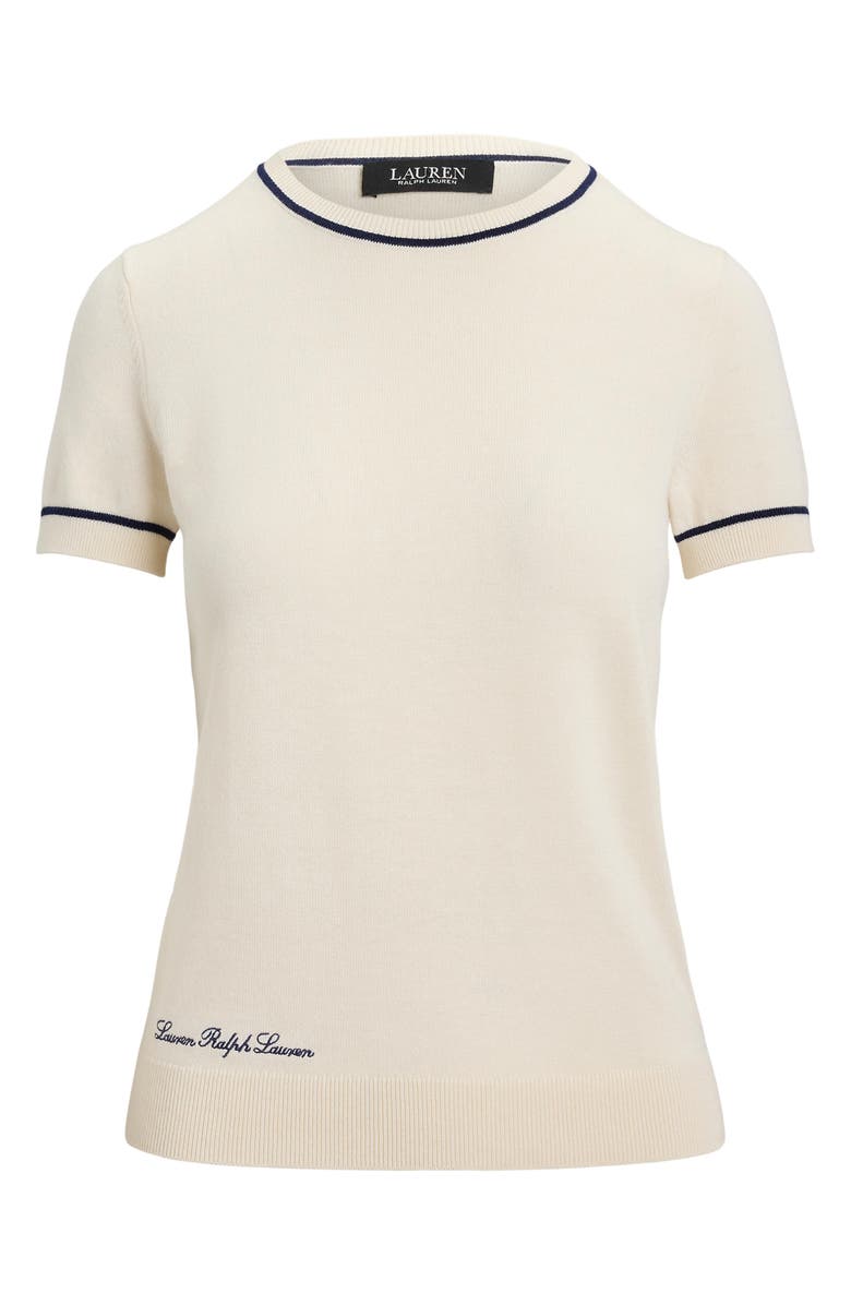 Lauren Ralph Lauren Tipped Short Sleeve Crewneck Sweater, Alternate, color, Mascarpone Cream/ Refined Navy