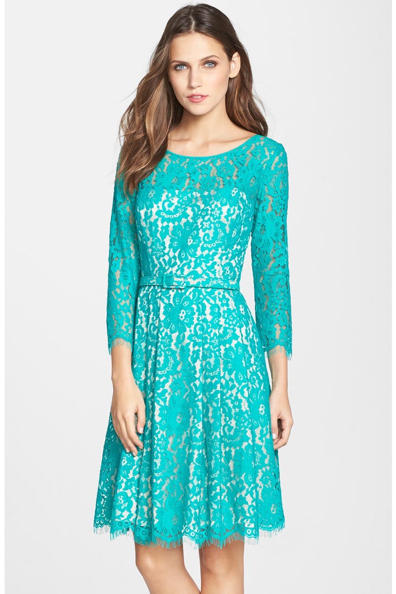 Belted Lace Fit & Flare Dress, Main, color, GREEN