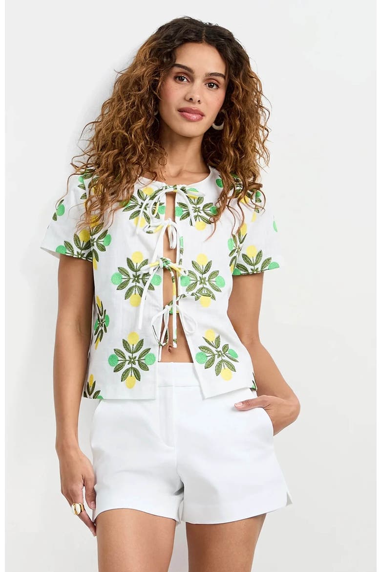 Salina Tie-Front Top, Alternate, color, Limone Embroidery