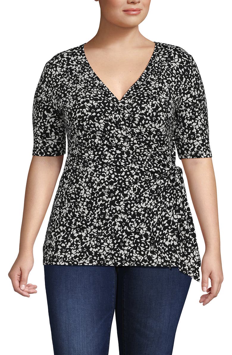 Lands' End Plus Size Elbow Sleeve Lightweight Jersey Side Tie Blouse, Main, color,