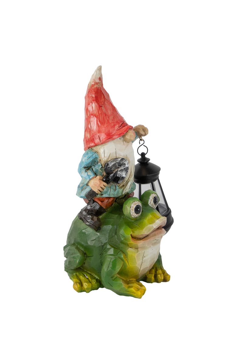 Northlight LED Solar Lighted Gnome and Frog Outdoor Garden Statue - 12.5", Alternate, color, Green