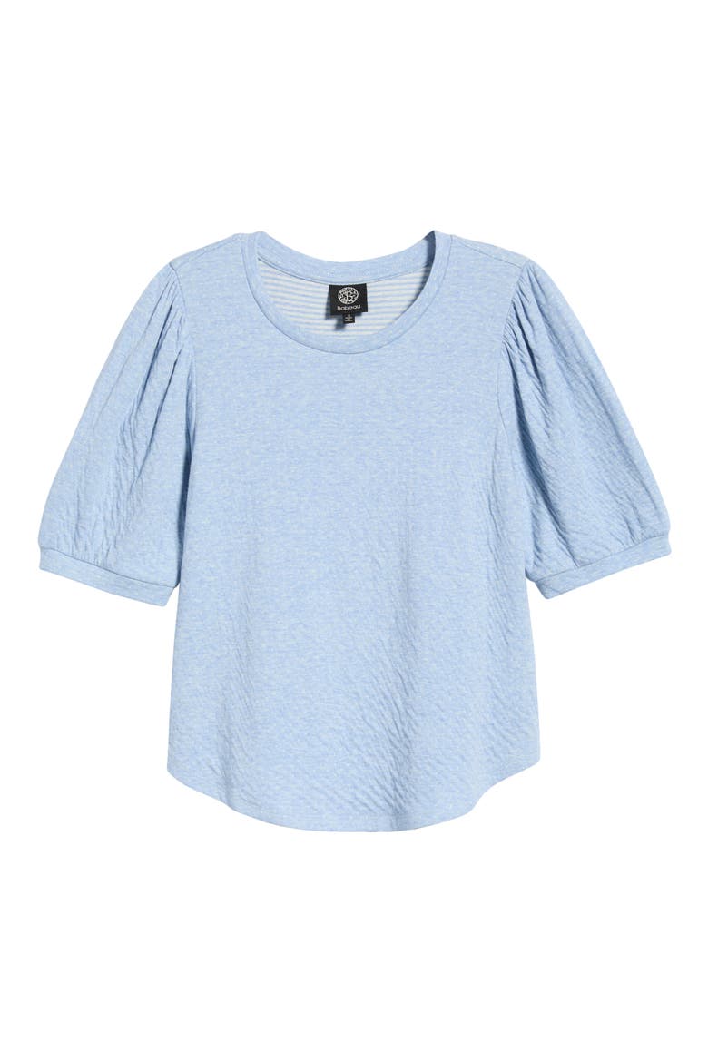 Puff Sleeve Textured Cotton T-Shirt, Alternate, color, LT DENIM/ IVORY