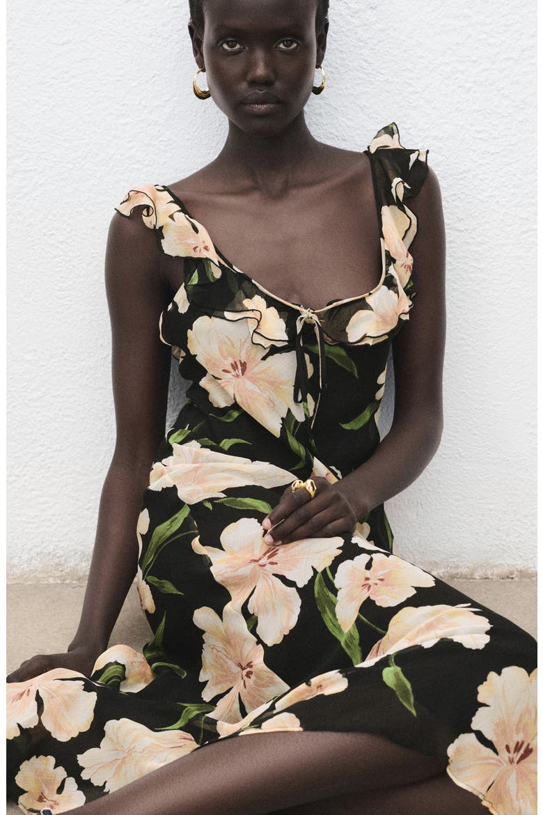 Floral Print Ruffle Dress, Alternate, color, BLACK