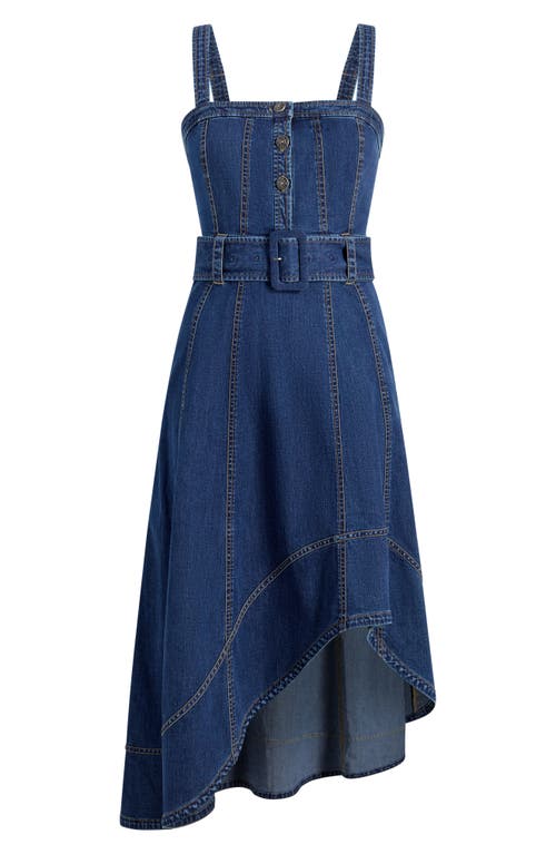 Cinq À Sept Larsa Belted Sleeveless Asymmetric Denim Midi Dress In Blue