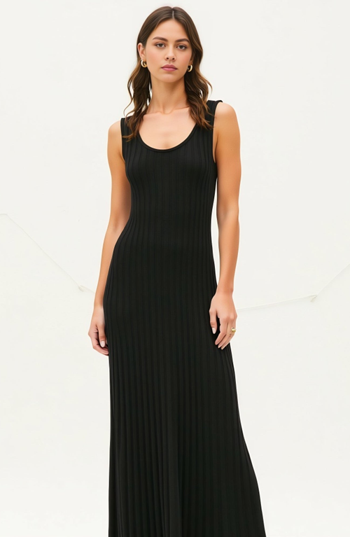 Modenaire Sleeveless Ribbed Knit Scoop Neck Maxi Dress With Pleated Skirt