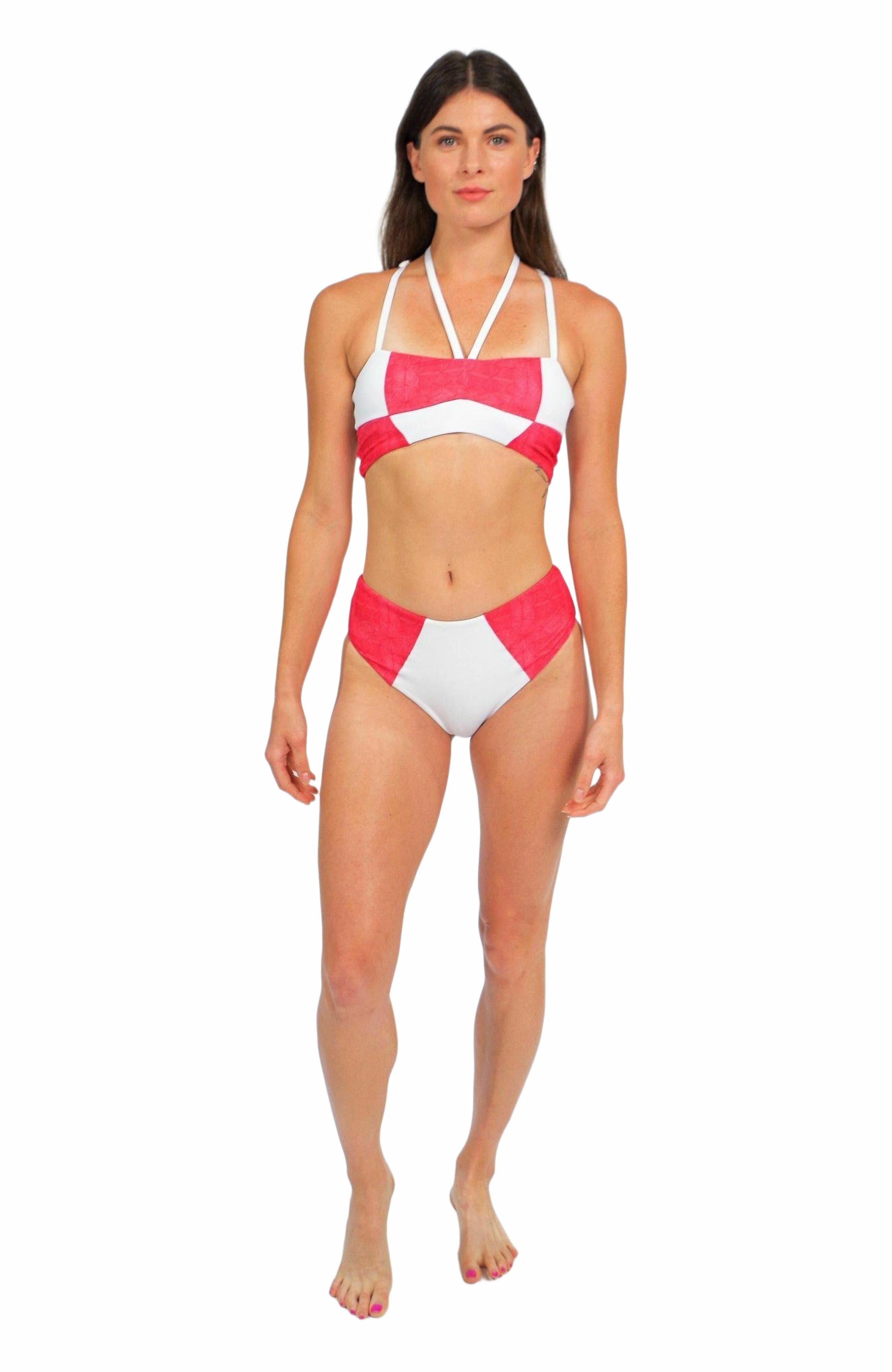 Mary Mercedes Massi Bikini Bottom With Color-Blocked Tile Pattern in White And Red 