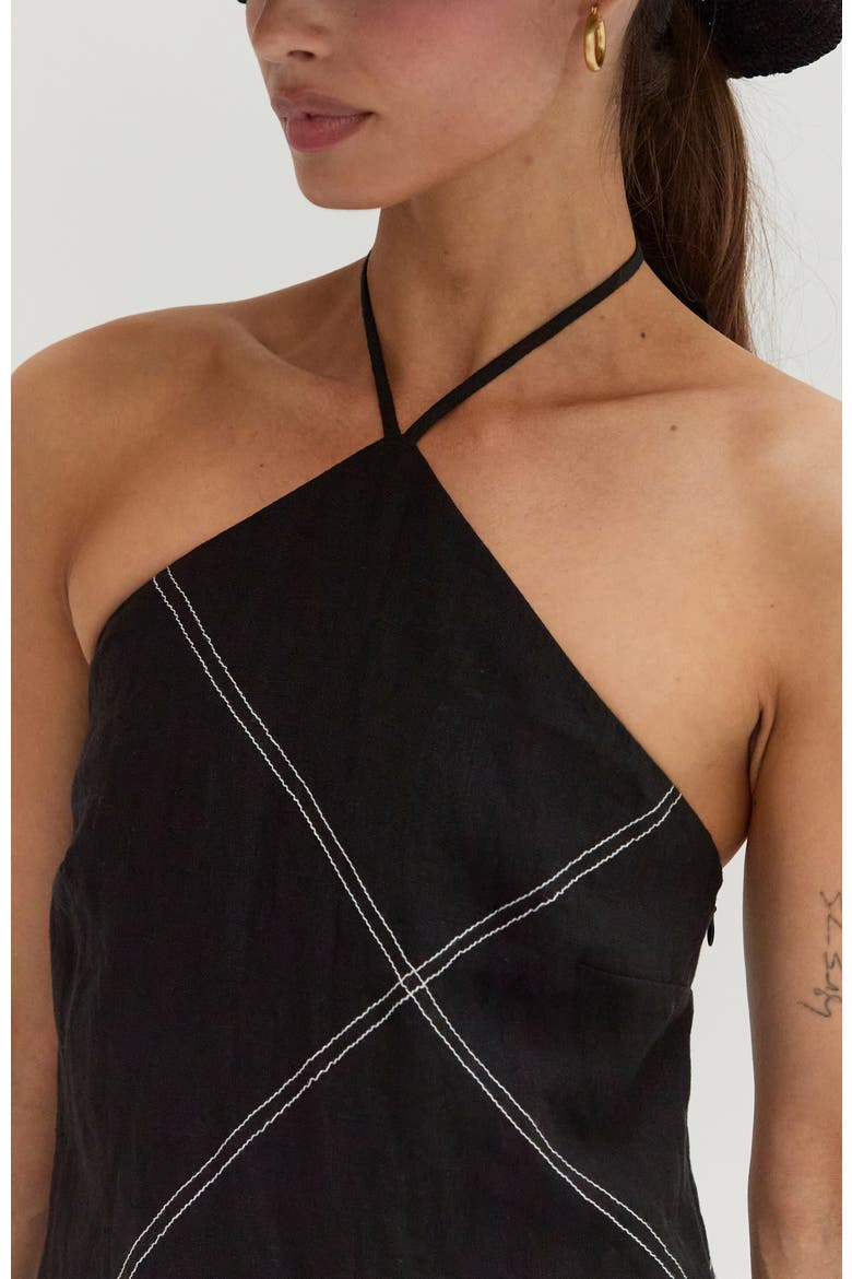 Contrast Stitch Halter Linen Mini Dress, Alternate, color, Black