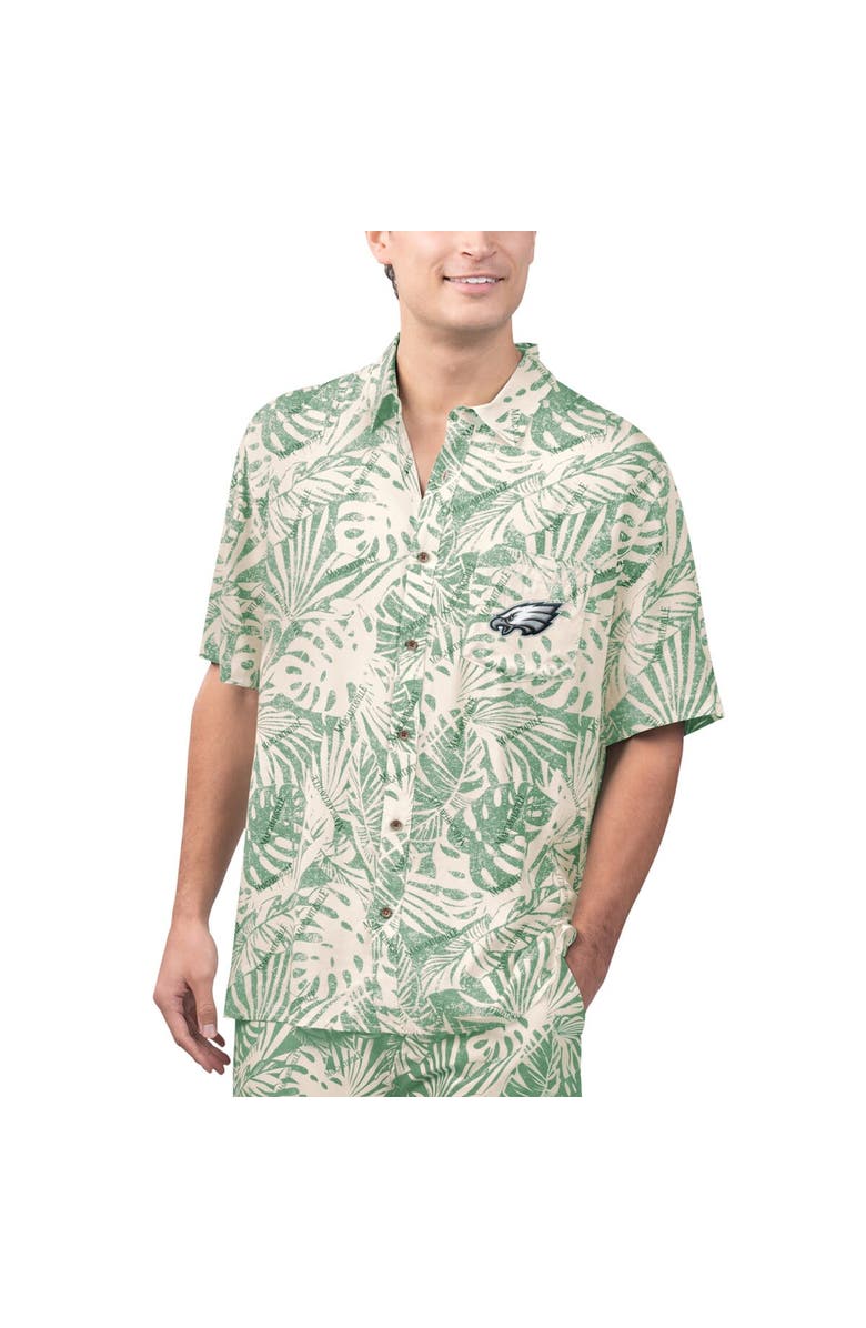 Margaritaville Men's Margaritaville Tan Philadelphia Eagles Sand Washed Monstera Print Party Button-Up Shirt, Main, color, Cream