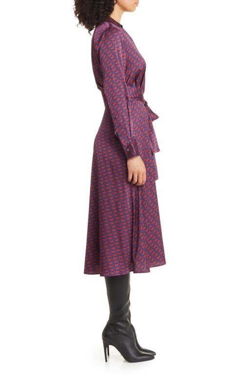 Tahari Asl Geo Print Long Sleeve Hammered Satin Midi Shirtdress In Navy/black Cherry