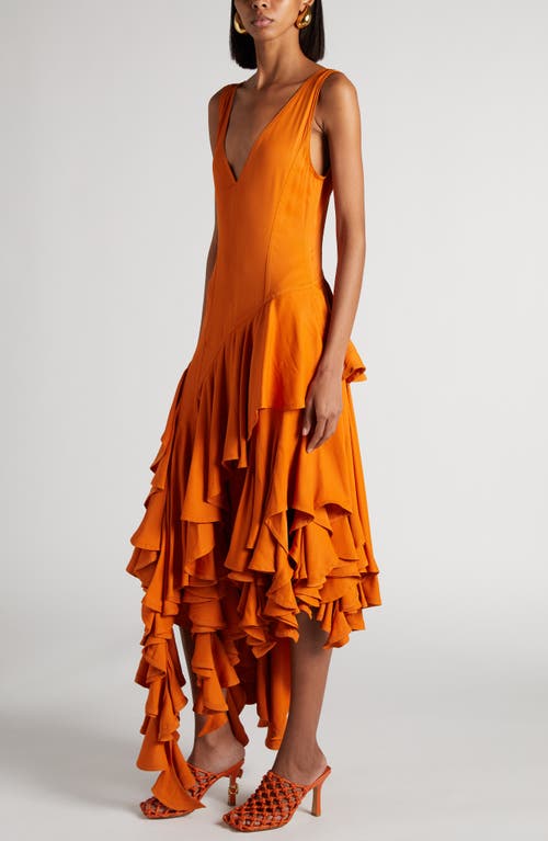 Shop Bottega Veneta Asymmetric Tiered Ruffle Dress In 7367 Apricot