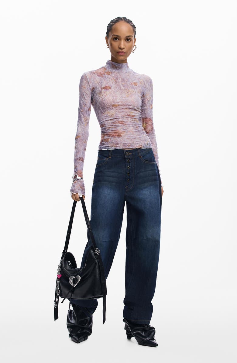 Desigual Embroidered Long Sleeve T-Shirt, Alternate, color, Blue/ Red Multi