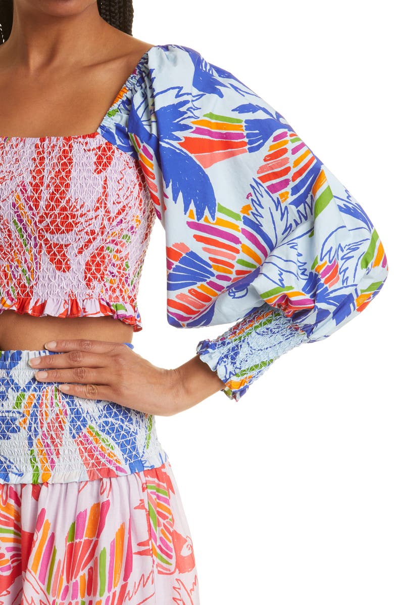 FARM Rio Mixed Print Smocked Cotton Crop Top, Alternate, color, 