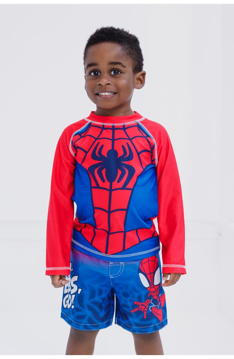Marvel Spidey and His Amazing Friends Swimwear 2-Piece Rash Guard and Swim Trunks Set, Alternate, color, Spider Man Red Navy