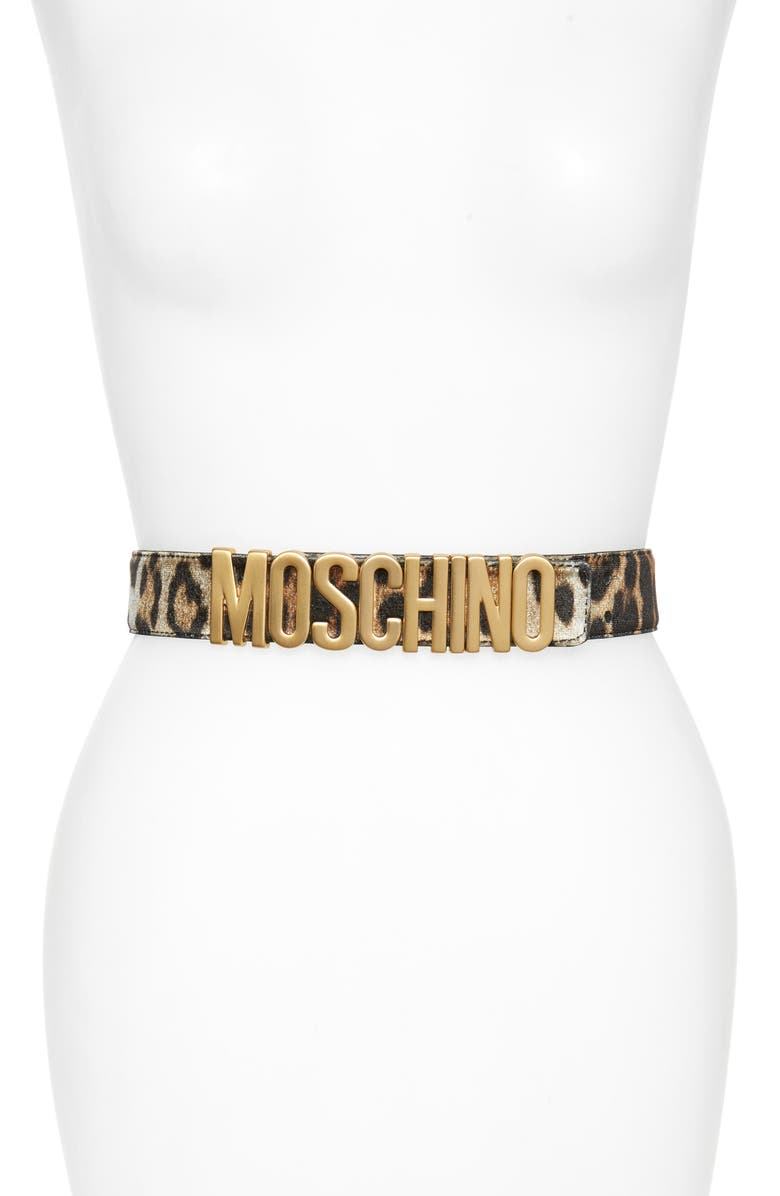 Moschino Logo Plate Leopard Print Velvet Belt, Main, color, 