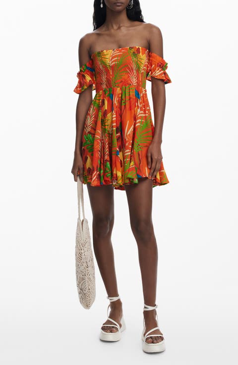 Tropical Print Off the Shoulder Cover-Up Minidress