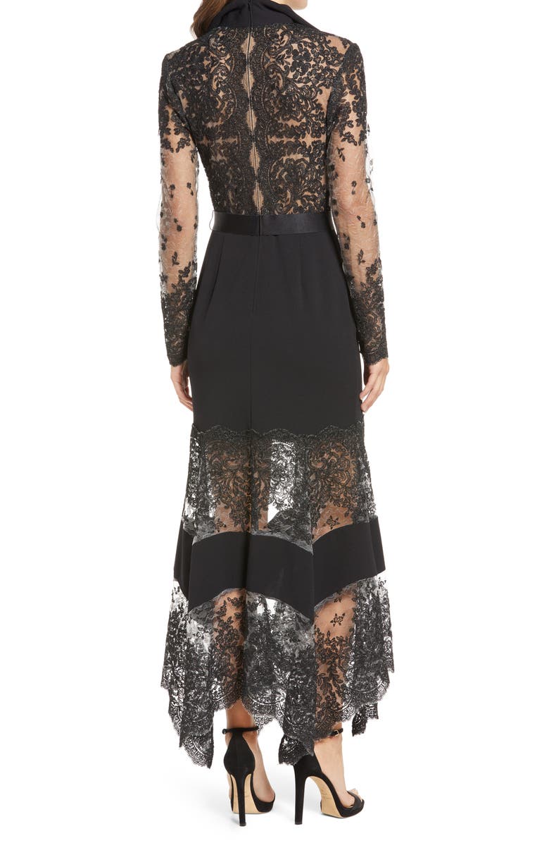 Tadashi Shoji Lace Detail Plunge Neck Long Sleeve Crepe Gown, Alternate, color, 