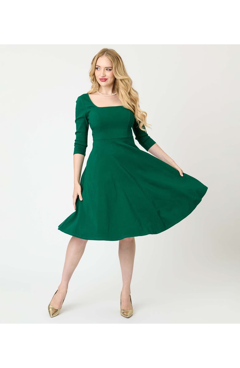 Unique Vintage Square Neck Pleated Swing Dress, Main, color, Green Solid
