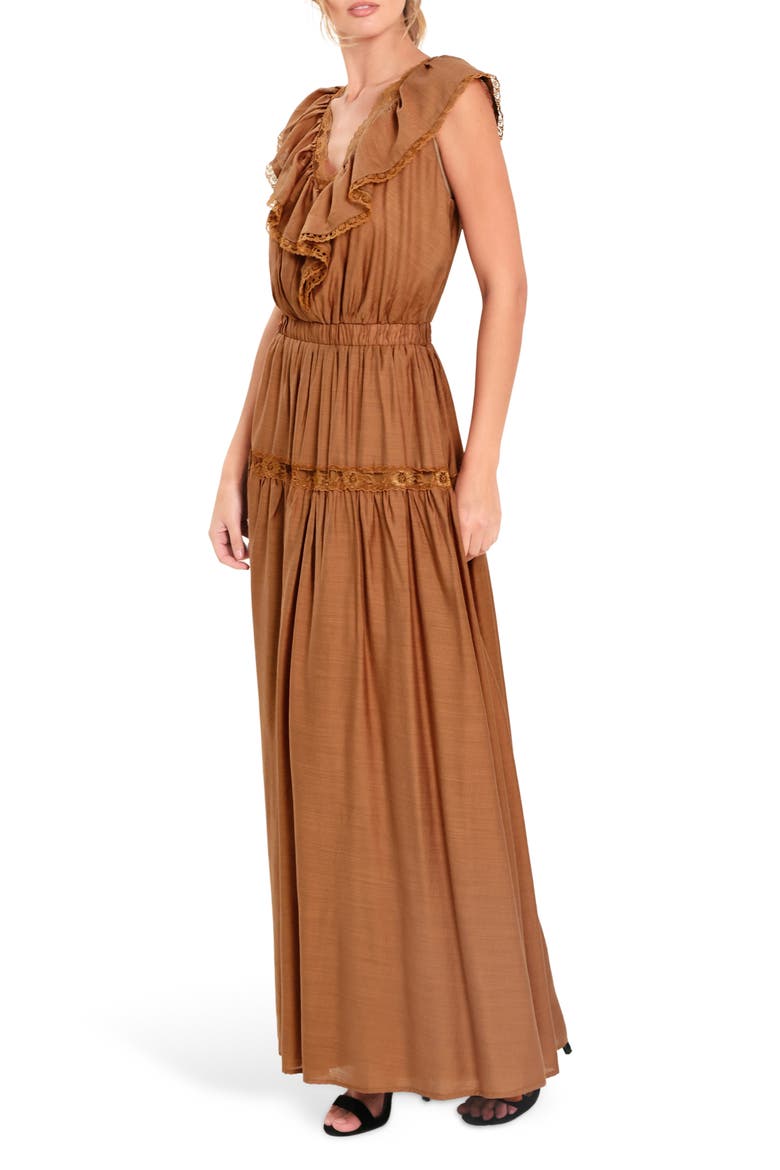 Lace Trim Ruffle Maxi Dress, Alternate, color, CAMEL