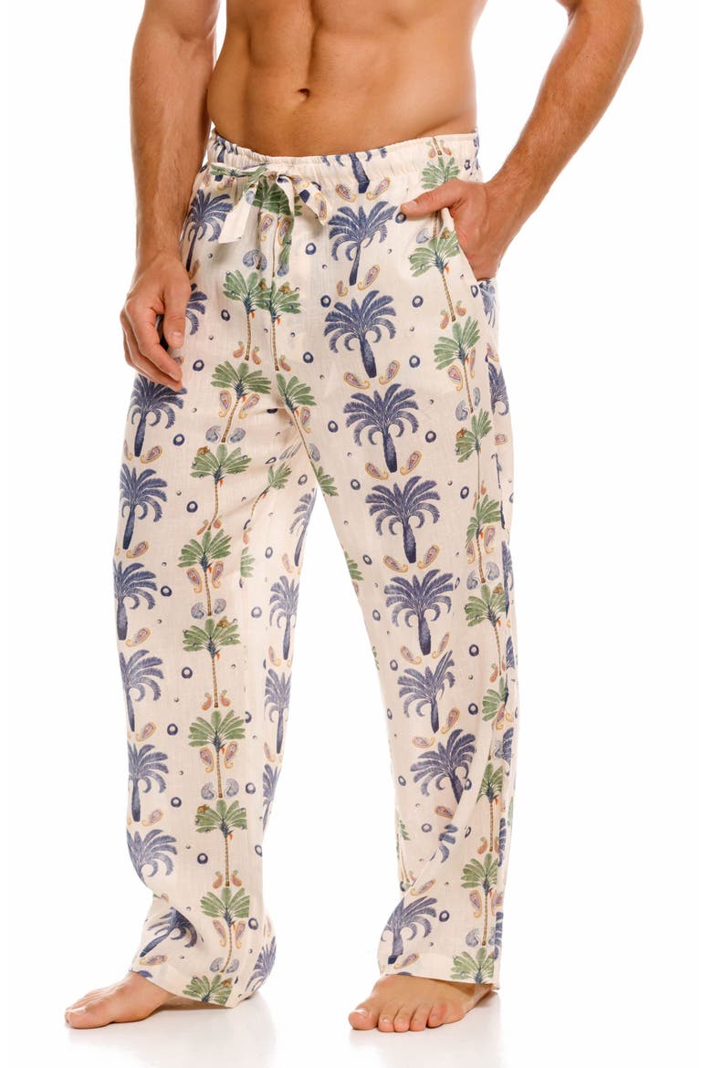 Ben Riviera Palms Ecru Linen Pajama Pants, Alternate, color, WHITE