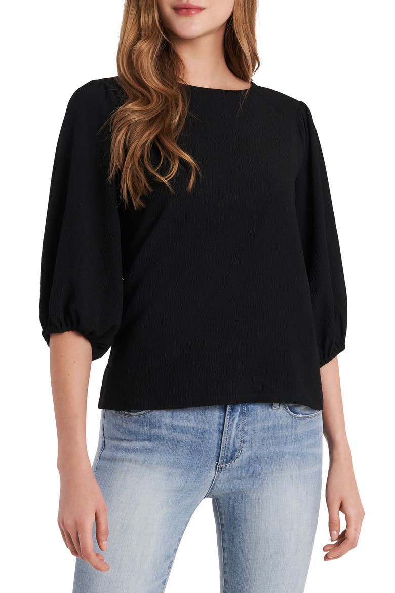 Crinkled Puff Three-Quarter Sleeve Top, Main, color, RICH BLACK