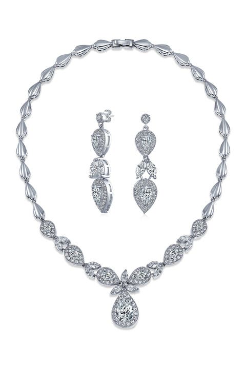 Bridal Pave CZ Teardrop Necklace & Earrings Set