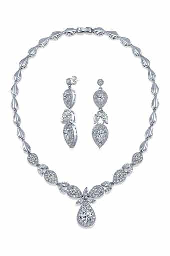 BLING JEWELRY Bridal Pave CZ Teardrop Necklace & Earrings Set