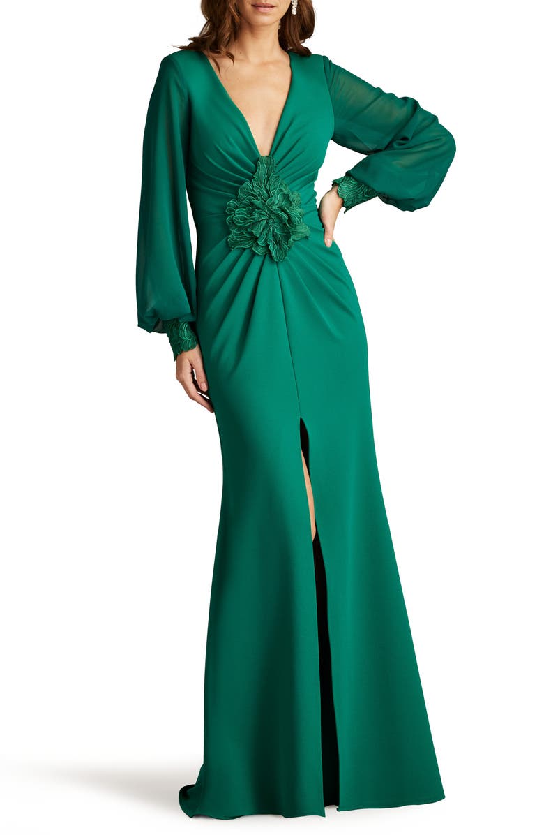 Tadashi Shoji Floral Detail Long Sleeve Crepe Chiffon Gown, Main, color, 