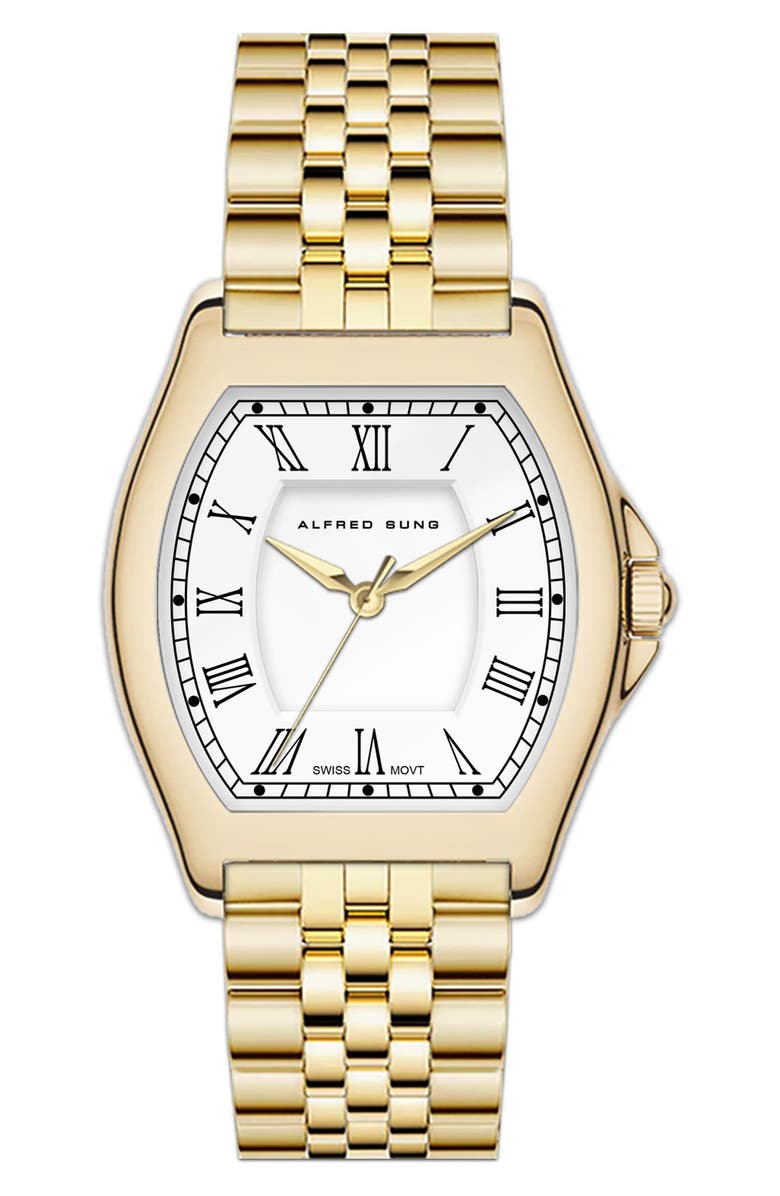 Alfred Sung Swiss Elegance Tonneau Bracelet Watch, 29mm x 35mm, Main, color, Gold Bracelet/White Dial