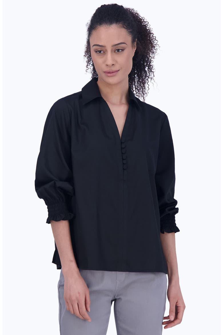 Alexis Smocked Cuff Sateen Popover Top, Alternate, color, BLACK