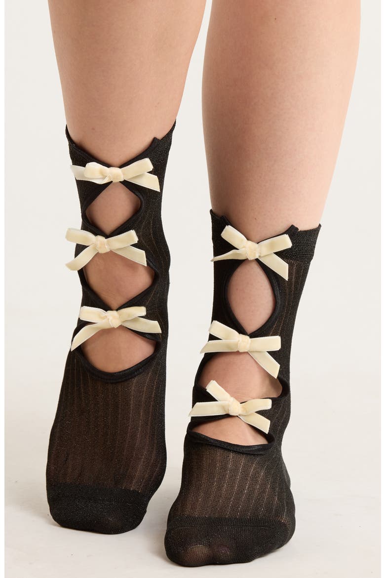 Velvet Bow Socks, Alternate, color, BLACK/ OFF WHITE