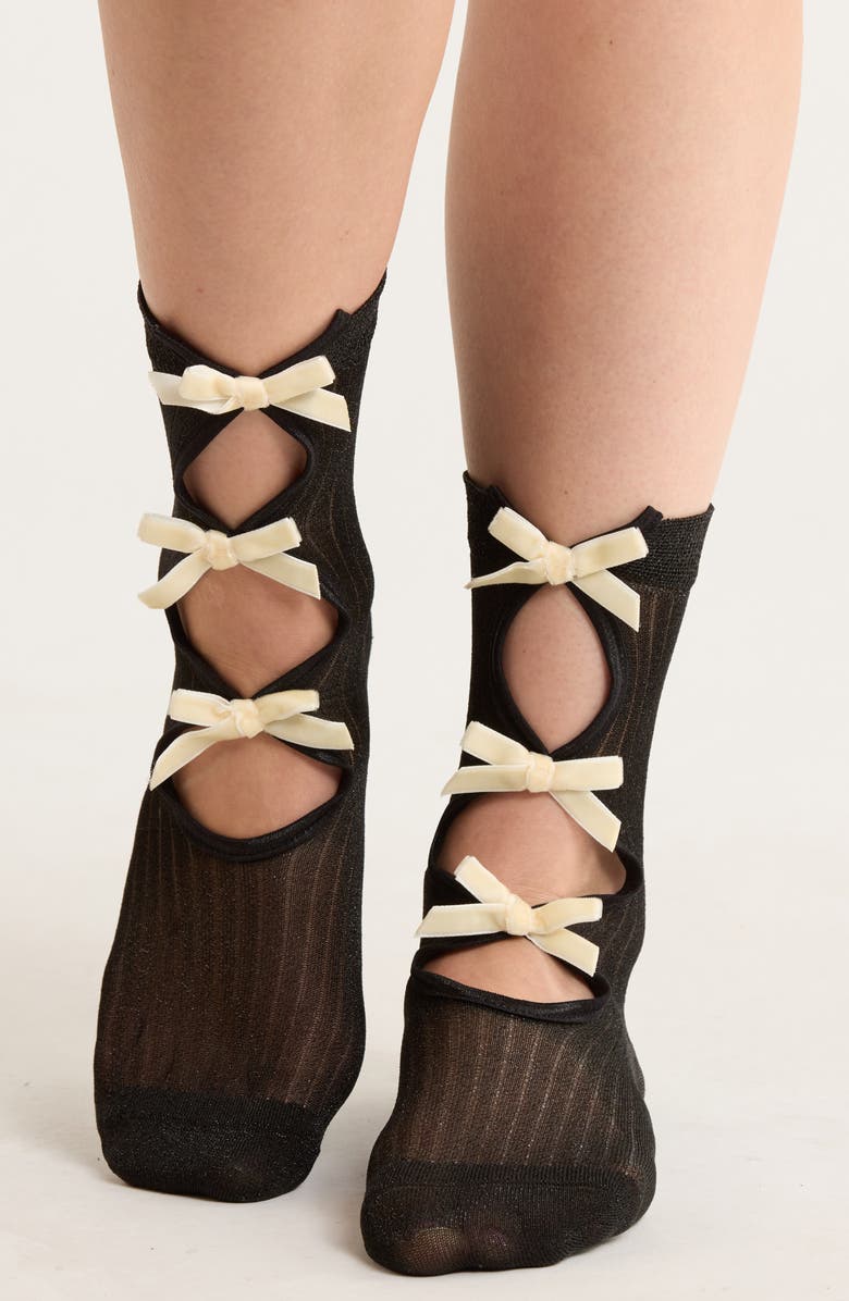 HIGH HEEL JUNGLE Velvet Bow Socks, Alternate, color, Black/ Off White