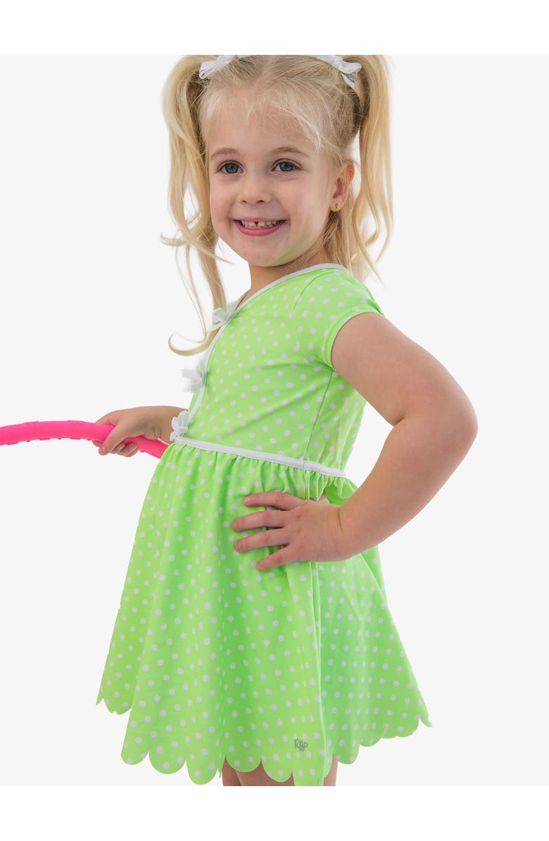 RuffleButts UPF50+ Active Short Sleeve Bow Dress 
Bike Short Set, Alternate, color, Neon Honeydew Polka Dot
